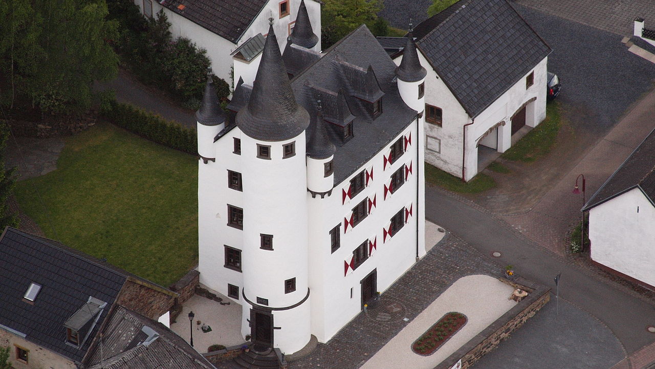 Luftaufnahme der Burg Dreis mit Türmen