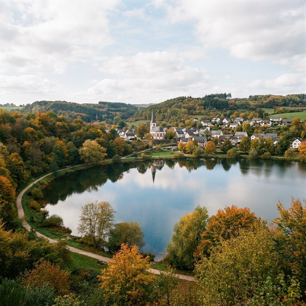 Dauner Maar mit Dorf und Kirchturm im Herbst