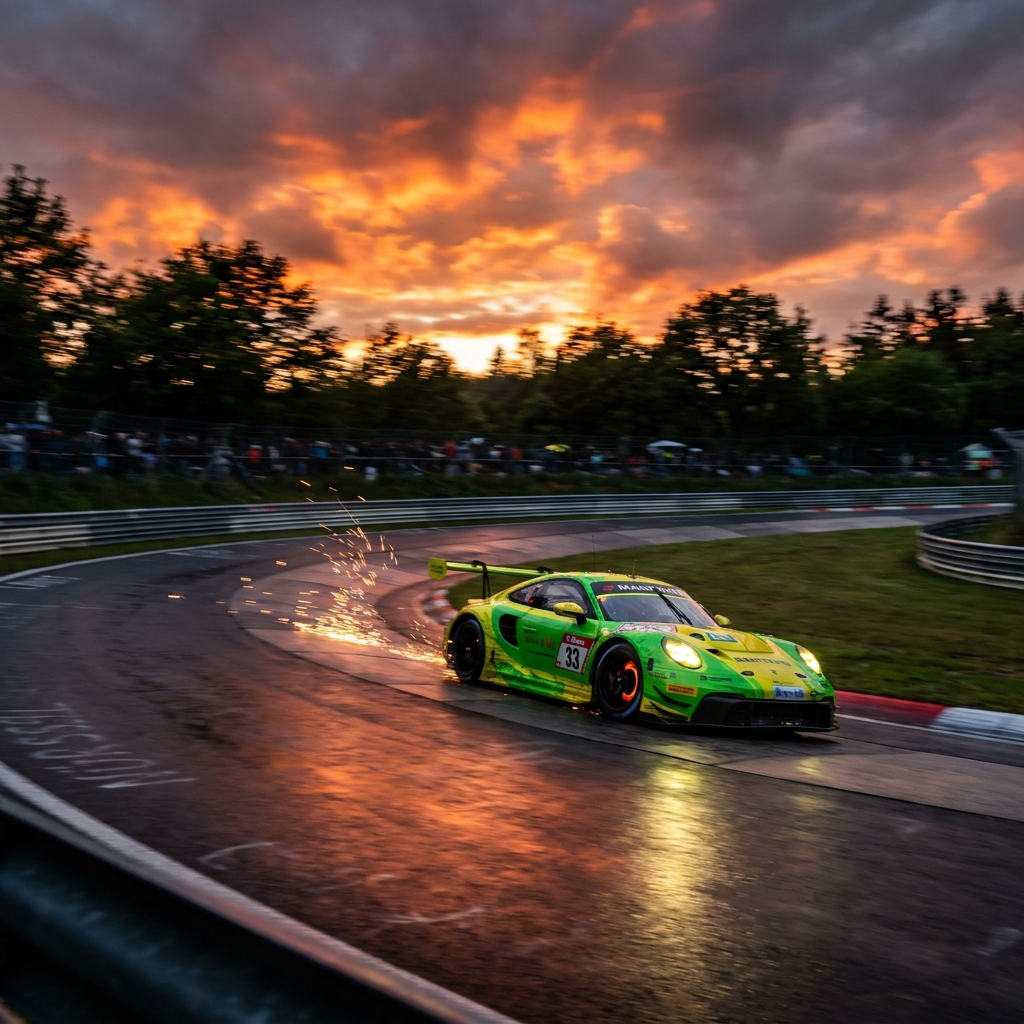 Rennwagen auf dem Nürburgring bei Sonnenuntergang